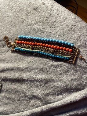 Multi-Row Beaded Statement Bracelet in Turquoise & Coral